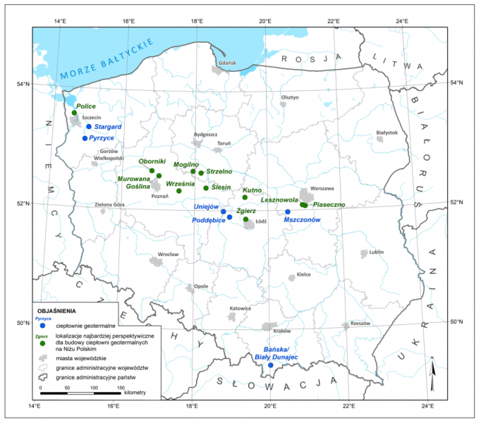 mapa Lokalizacje najbardziej perspektywiczne dla budowy ciepłowni geotermalnych na Niżu Polskim