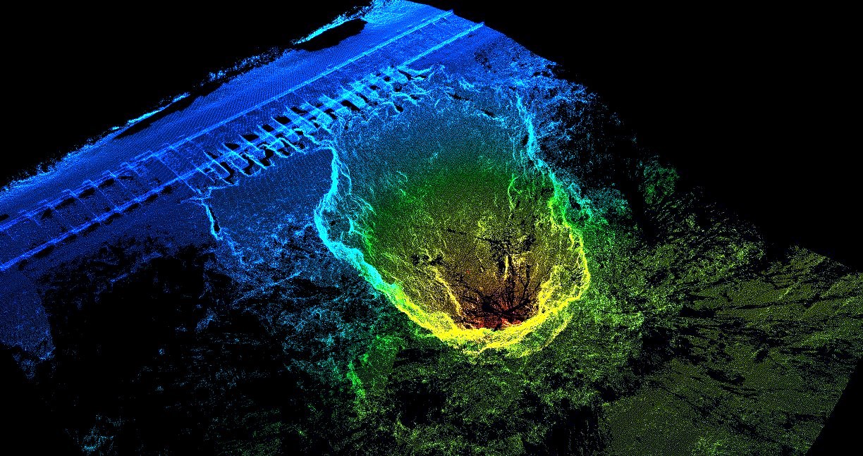 Chmura punktów z naziemnego skanowania laserowego zapadliska w nasypie kolejowym w Trzebini – Sierszy