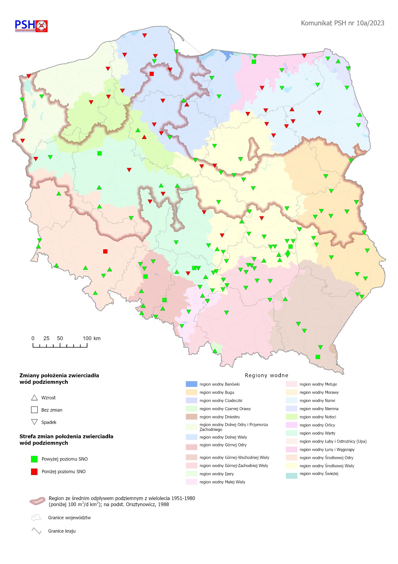 Ilustracja, mapa Polski z zaznaczonymi punktami ze zmianą położenia zwierciadła wody podziemnej w objętych analizą punktach sieci obserwacyjno-badawczej wód podziemnych we wrześniu 2023 r.