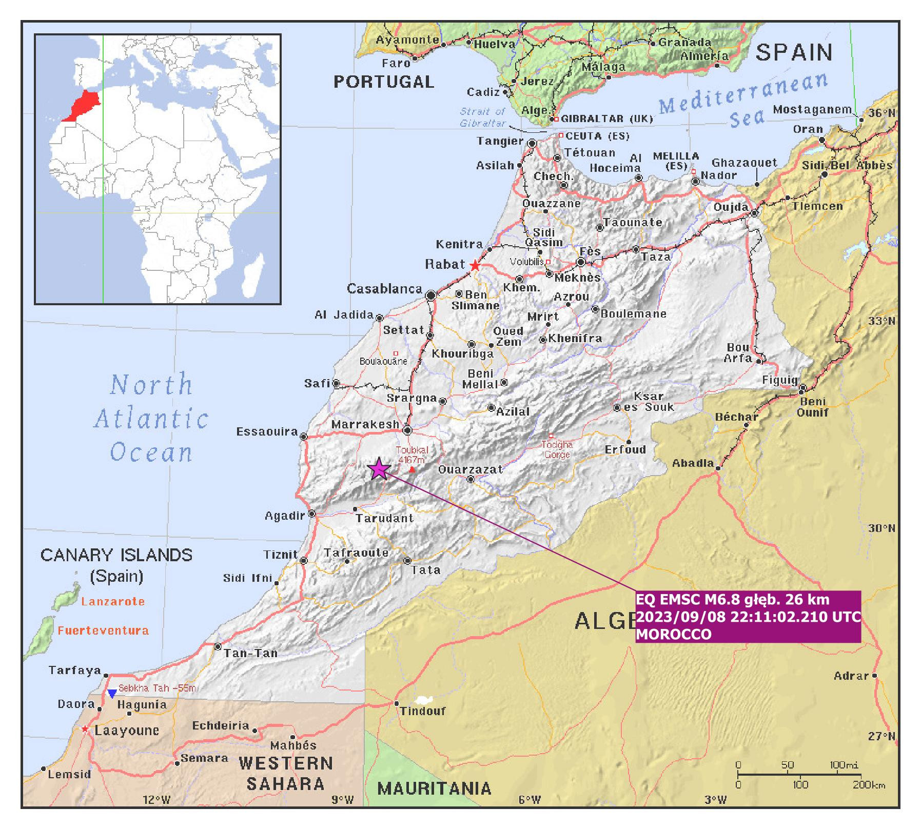 Lokalizacja epicentrum trzęsienia ziemi o magnitudzie M6.8 z 8 września 2023 r., godz. 22:11:02.2 UTC w Maroku – oprac. PSG, wg danych EMSC, mapa bazowa: PAT