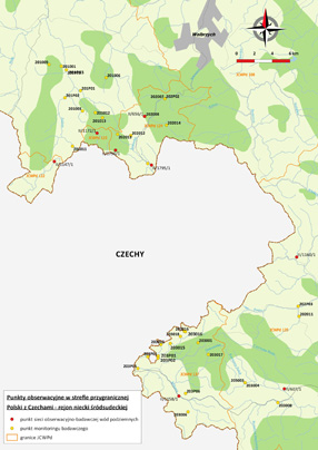 Mapa z lokalizacją punktów obserwacyjnych wód podziemnych w strefie przygranicznej Polski z Czechami w rejonie niecki śródsudeckiej i Zapadliska Kudowy