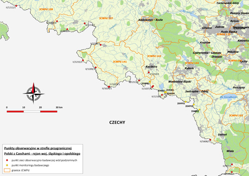 Mapa z lokalizacją punktów obserwacyjnych sieci monitoringu wód podziemnych w strefie przygranicznej Polski z Czechami na obszarze województw śląskiego i opolskiego