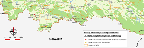 Mapa z lokalizacją punktów obserwacyjnych monitoringu wód podziemnych w strefie przygranicznej Polski ze Słowacją