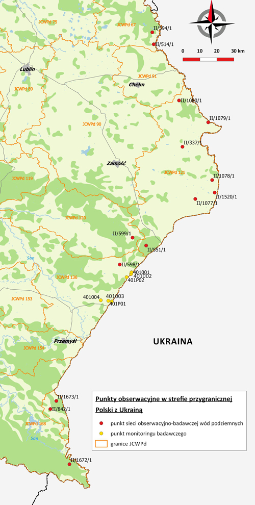 Mapa punktów sieci obserwacyjno-badawczej oraz punktów monitoringu badawczego wód podziemnych w strefie przygranicznej Polski z Ukrainą