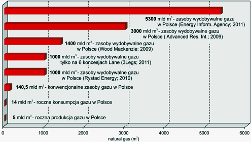 Zestawienie ocen potencjalnych zasobów wydobywalnych gazu ziemnego w łupkach dolnego paleozoiku na kratonie wschodnioeuropejskim, z zasobami wydobywalnymi gazu w konwencjonalnych złożach w Polsce, rocznym zużyciem gazu oraz roczną produkcją gazu ze złóż konwencjonalnych