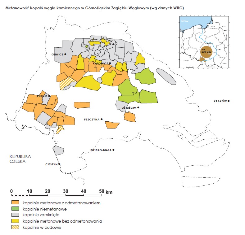 Metanowość kopalń węgla kamiennego w Górnośląskim Zagłębiu Węglowym (według danych WUG)