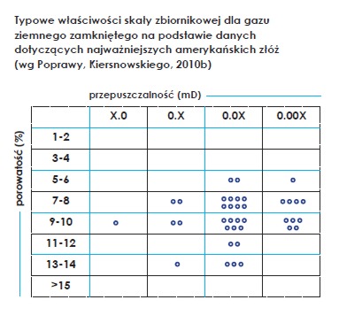 typowe właściwości skały zbiornikowej dla gazu ziemnego na podstawie danych dotyczących najważniejszych amerykańskich złóż (według Poprawy, Kiersnowskiego, 2010b)