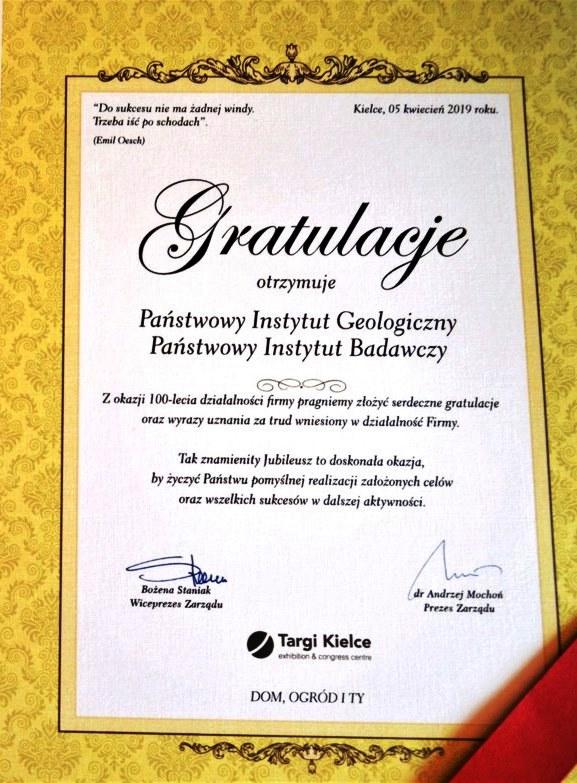 Dyplom z gratulacjami dla Państwowego Instytutu Geologicznego