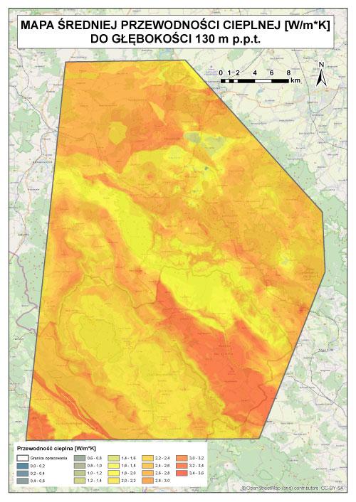 przyklad mapy potencjalu geotermi niskotemperaturowej  w  pilotażowym obszarze