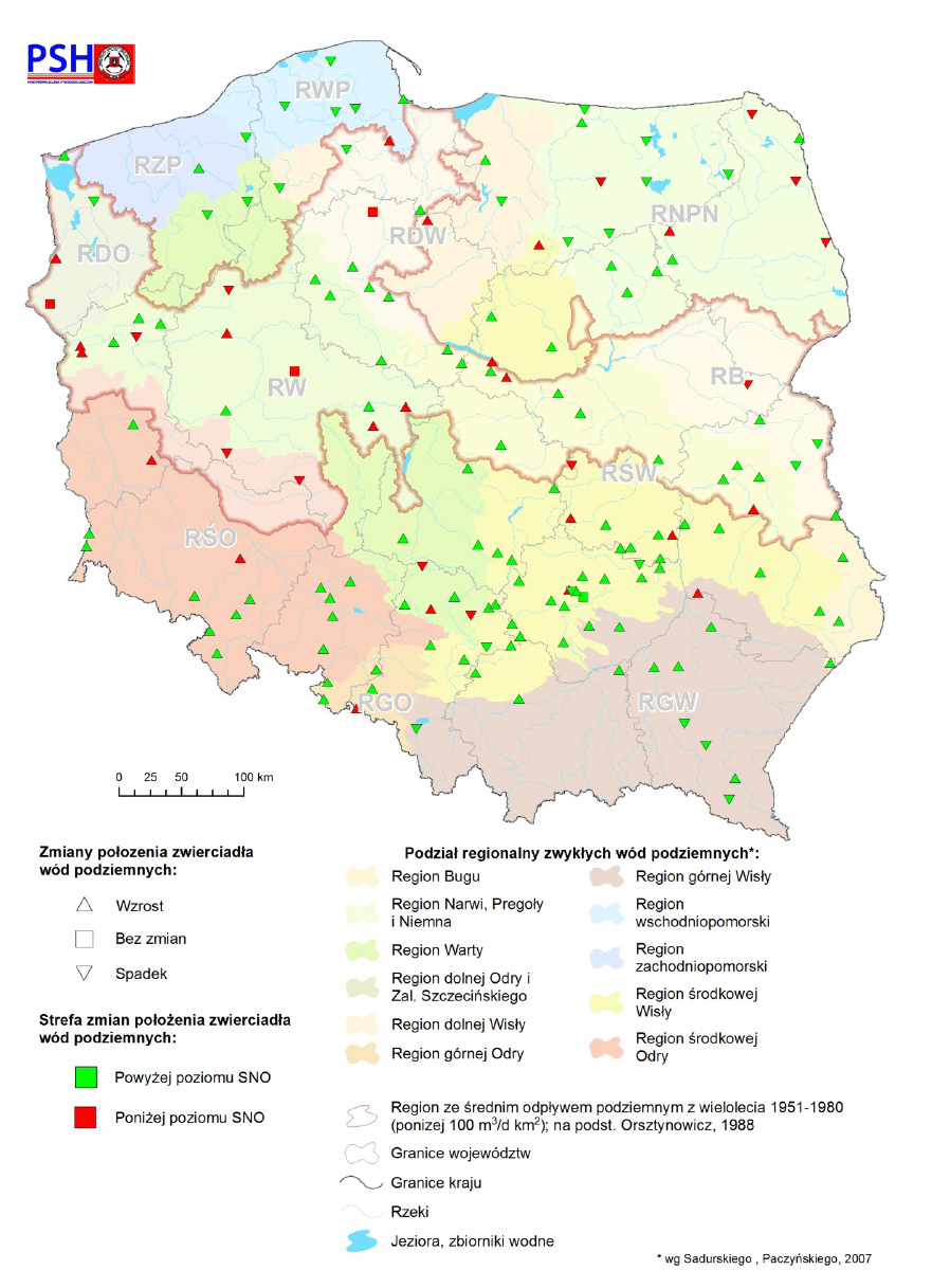 Zmiana położenia zwierciadła wody podziemnej w objętych analizą punktach sieci obserwacyjno-badawczej wód podziemnych w październiku 2020 r.