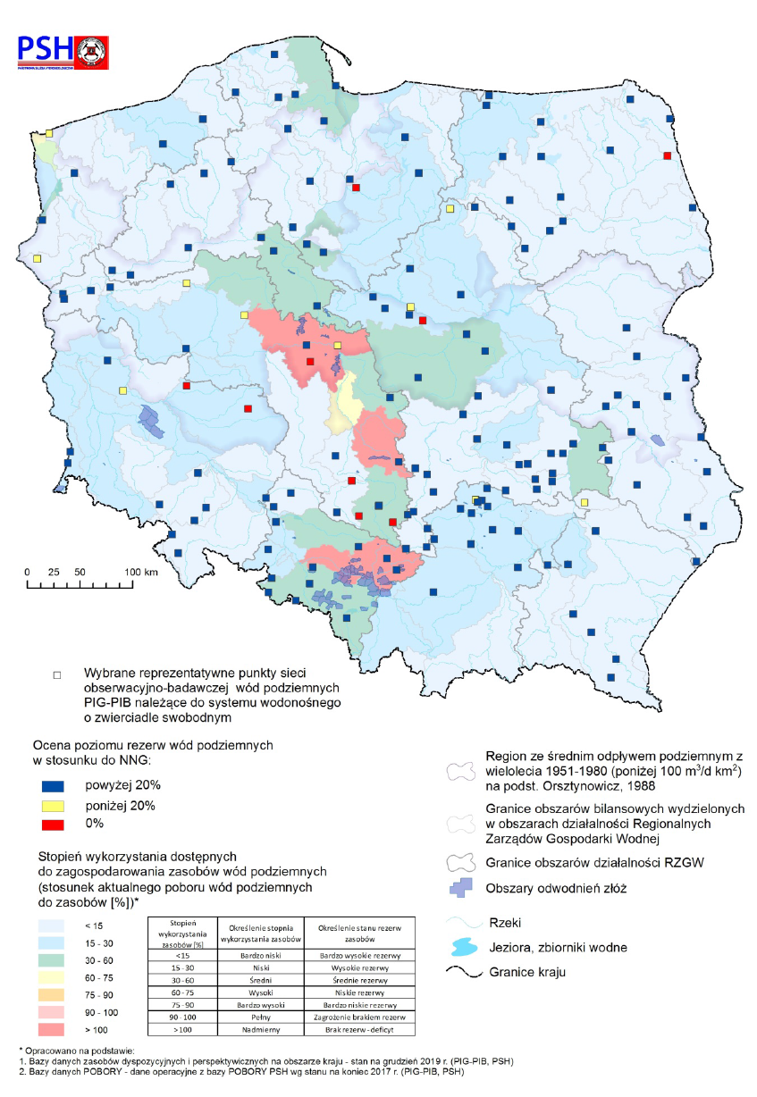 Poziom rezerw zasobów wód podziemnych w październiku 2020 r. w objętych analizą punktach sieci obserwacyjno-badawczej wód podziemnych