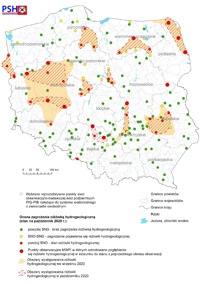 Mapa przedstawiająca zagrożenie niżówką hydrogeologiczną w październiku 2020 r.