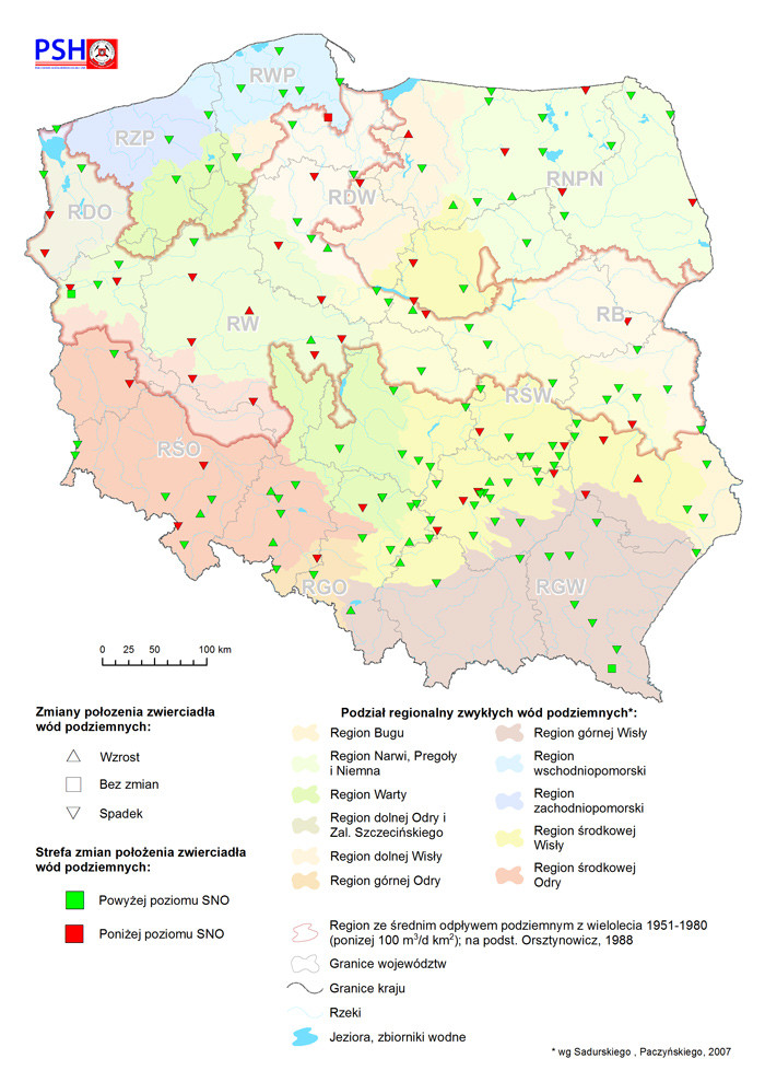 Mapa zmian zwierciadła wody podziemnej w objętych analizą punktach sieci obserwacyjno-badawczej wód podziemnych w sierpniu 2020 r.