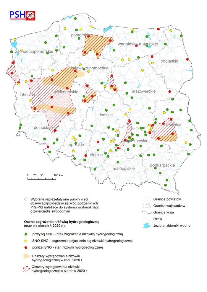 Mapa wybranych reprezentatywnych punktów sieci obserwacyjno-badawczej wód podziemnych przedstawiająca wskaźnik zagrożenia niżówką hydrogeologiczną w sierpniu 2020 r.