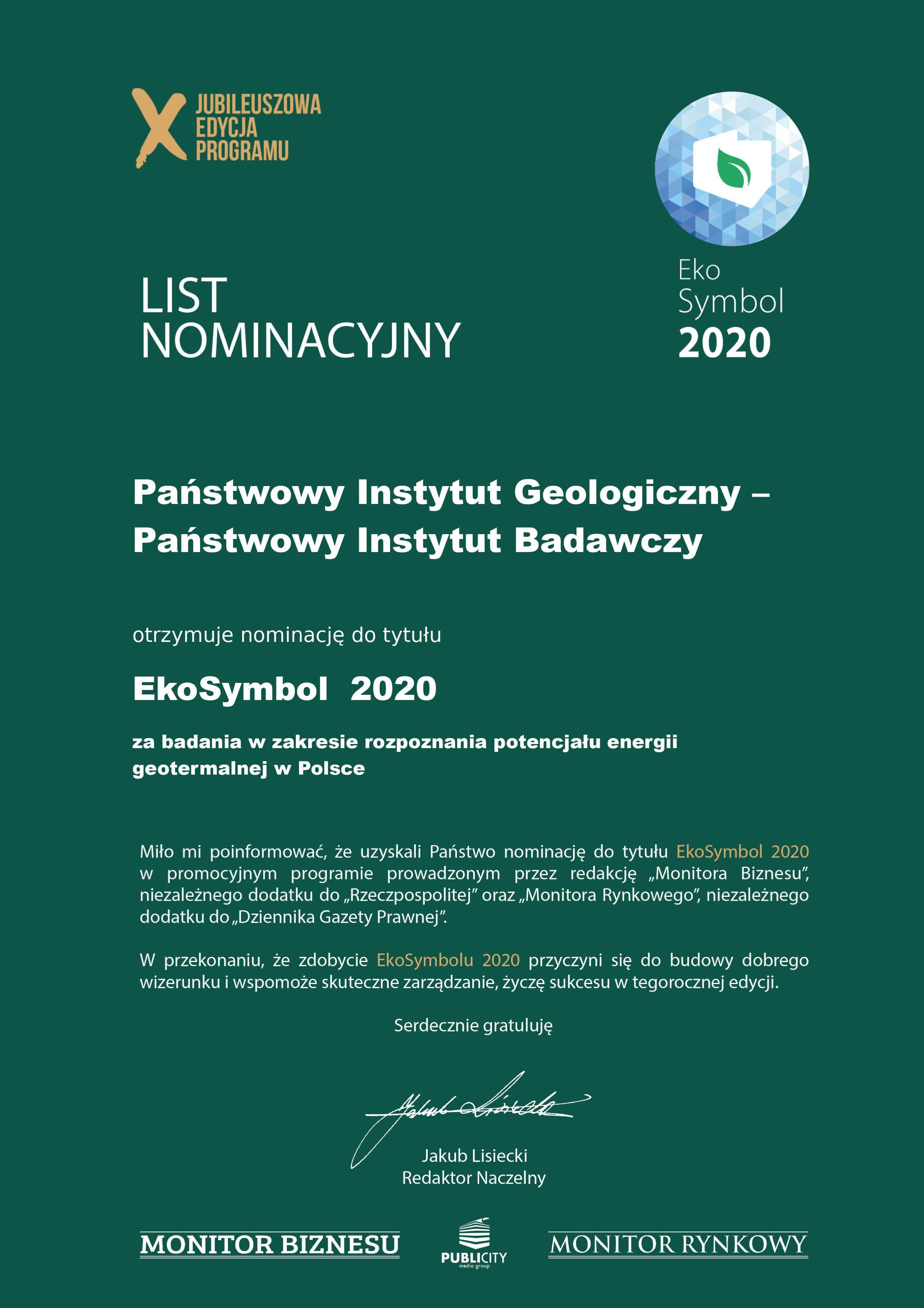 List nominacyjny dla PIG-PIB za badania w zakresie rozpoznania potencjału energii geotermalnej w Polsce