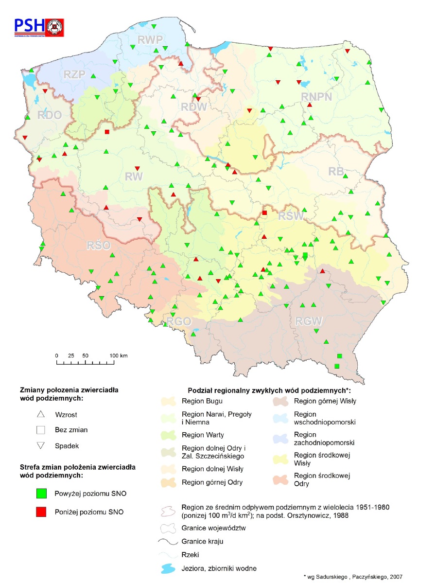 Zmiana położenia zwierciadła wody podziemnej w objętych analizą punktach sieci obserwacyjno-badawczej wód podziemnych w listopadzie 2020 r.