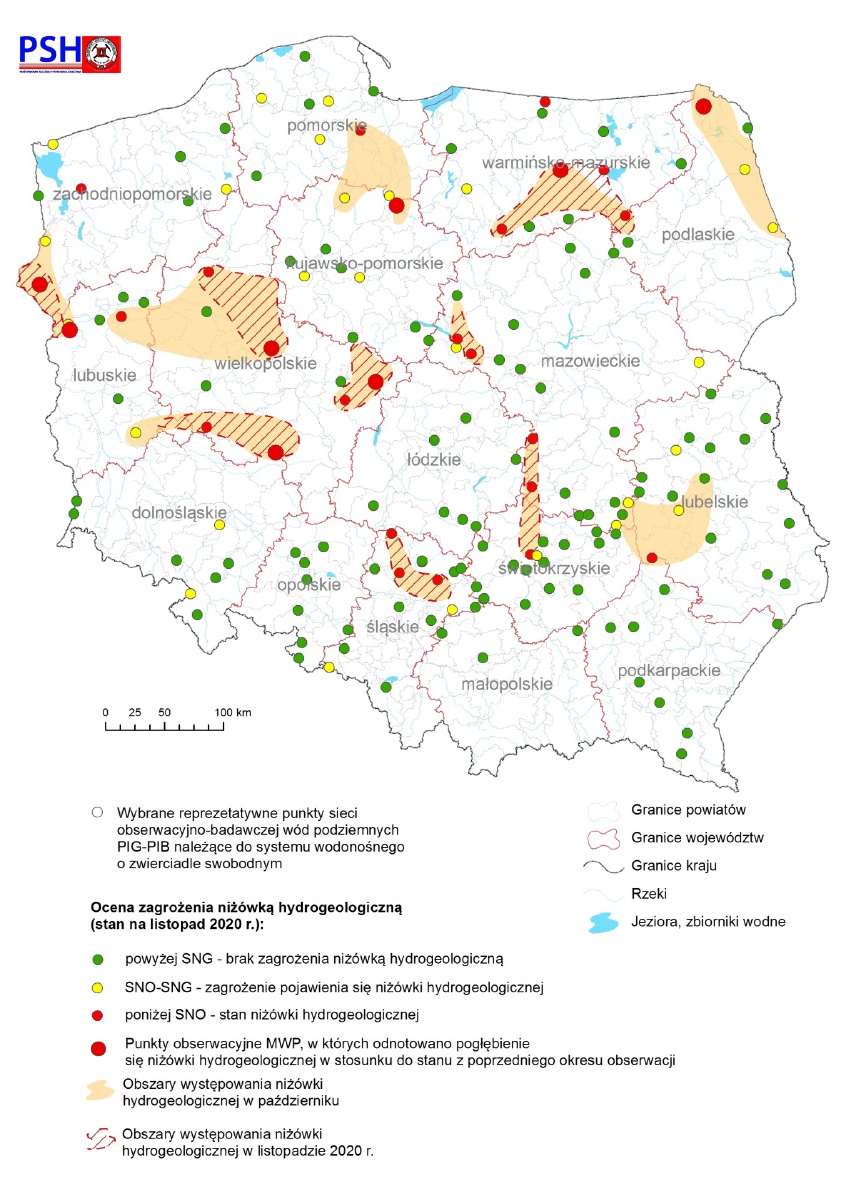 Mapa przedstawiająca zagrożenie niżówką hydrogeologiczną w listopadzie 2020 r.