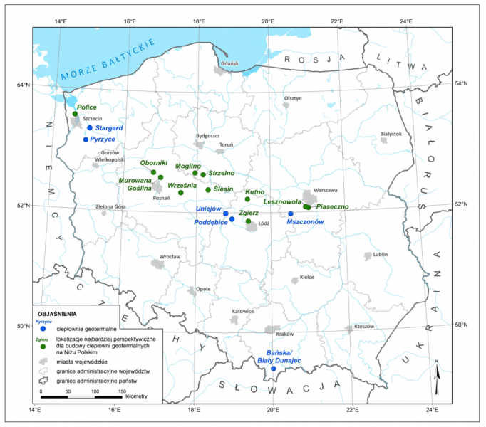 Lokalizacje najbardziej perspektywiczne dla budowy ciepłowni geotermalnych (kolor zielony) oraz lokalizacje istniejących ciepłowni geotermalnych (kolor niebieski)