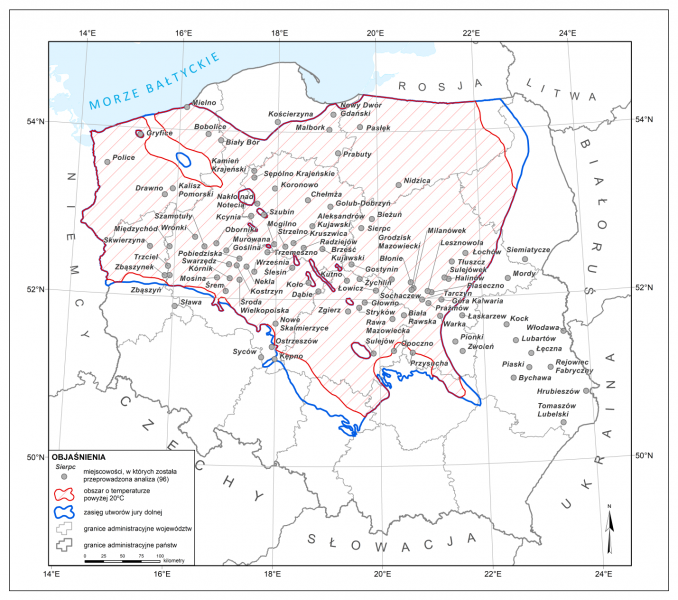 mapa Lokalizacja miejscowości w których została przeprowadzona analiza na tle zasięgu występowania utworów dolnojurajskich oraz izotermy 20°C w tych utworach