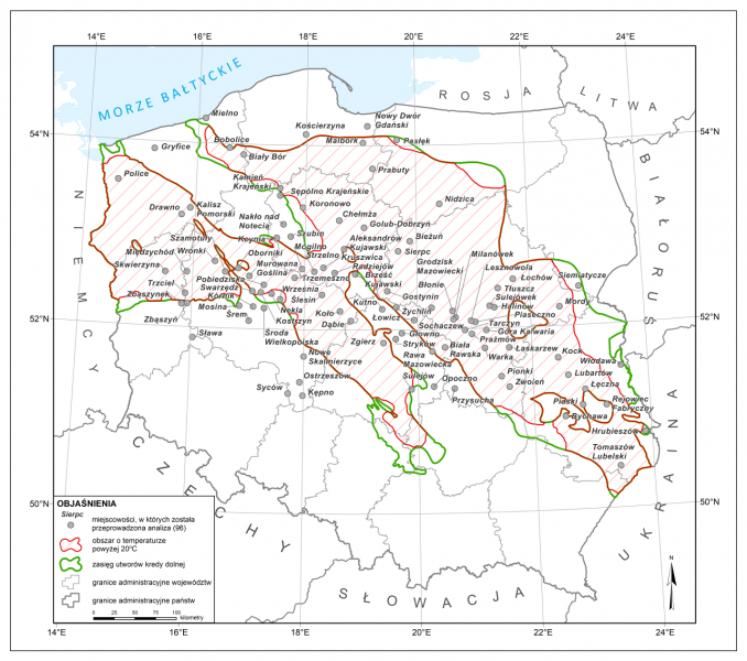 mapa Lokalizacja miejscowości w których została przeprowadzona analiza na tle zasięgu występowania utworów dolnokredowych oraz izotermy 20°C w tych utworach