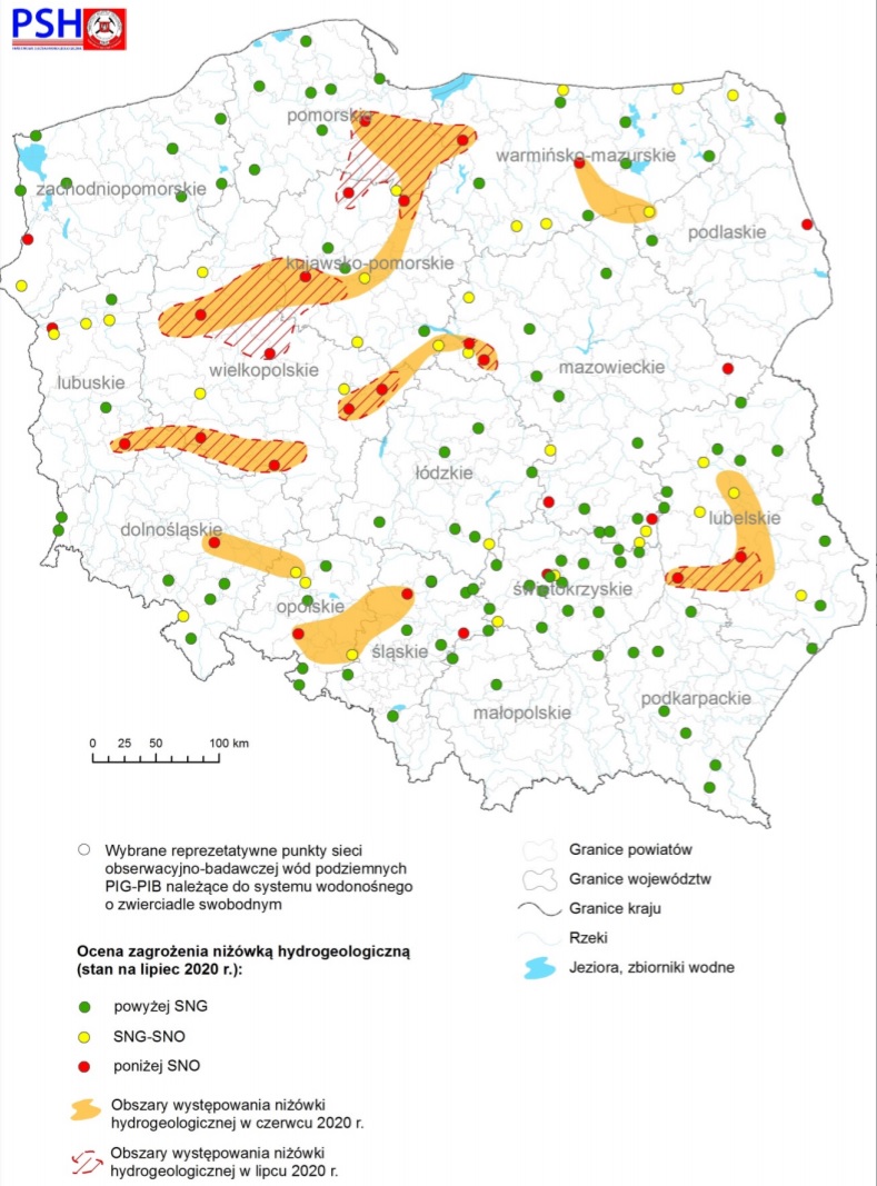 Mapa obrazująca zagrożenie niżówką hydrogeologiczną w lipcu 2020 r.