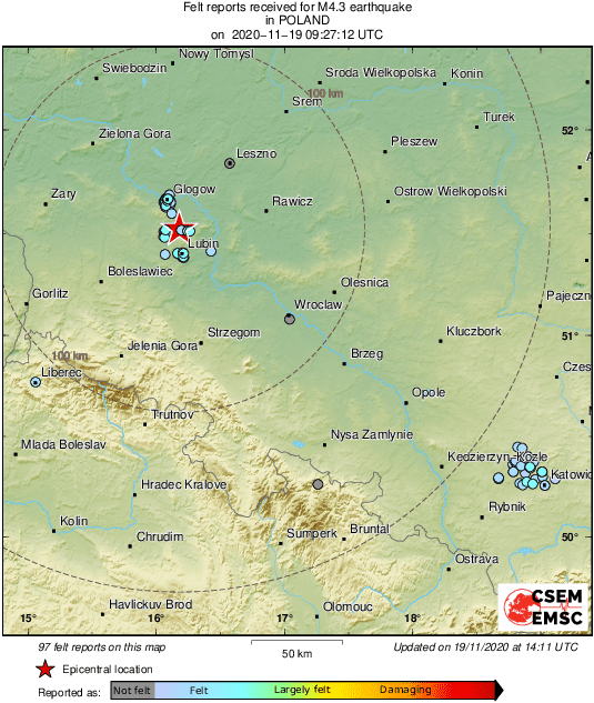 Mapa zasięgu odczuwalności zdarzenia sejsmicznego z dnia 19/11/2020 r., godz. 09:27:12 (UTC) o magnitudzie 4.2 z epicentrum zlokalizowanym w rejonie LGOM (oprac. EMSC).