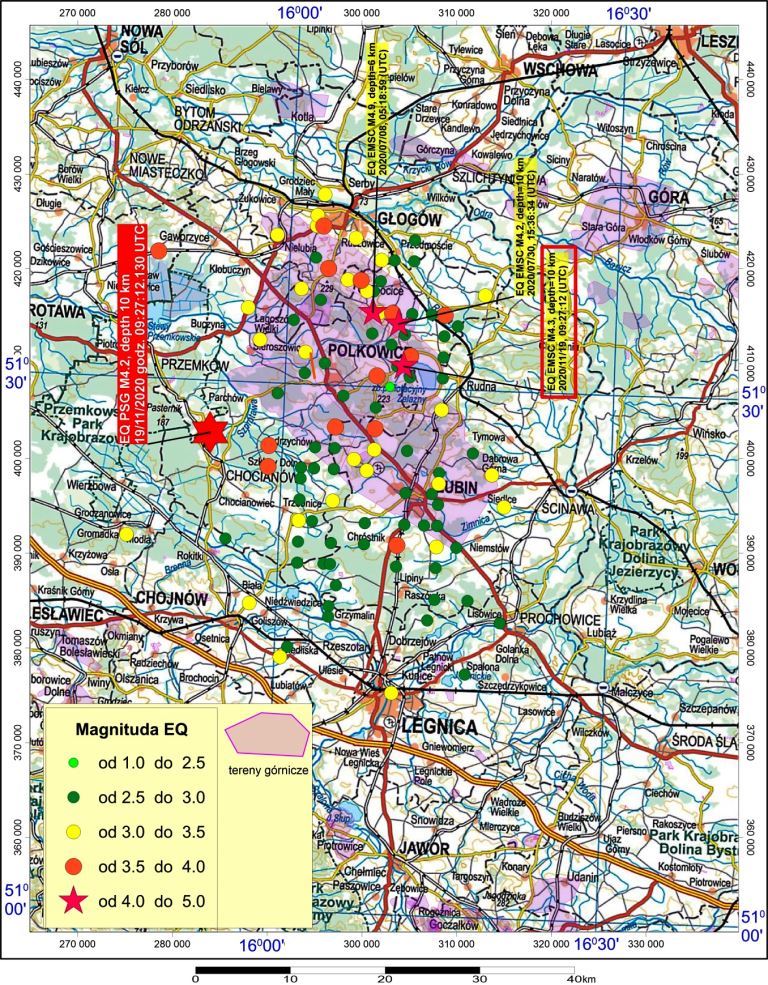 Mapa lokalizacji epicentrum zjawiska sejsmicznego z dnia 19/11/2020 r., godz. 09:27:12 wyznaczonej w systemie monitoringu sejsmicznego sieci PSG_Sejs_NET (państwowa służba geologiczna) oraz przez EMSC (Europejskie Śródziemnomorskie Centrum Sejsmologiczne). Na mapie naniesiono również epicentra innych zjawisk z rejonu LGOM zarejestrowane w bazie EMSC w dniach 01/01/2020 i 19/11/2020 r.