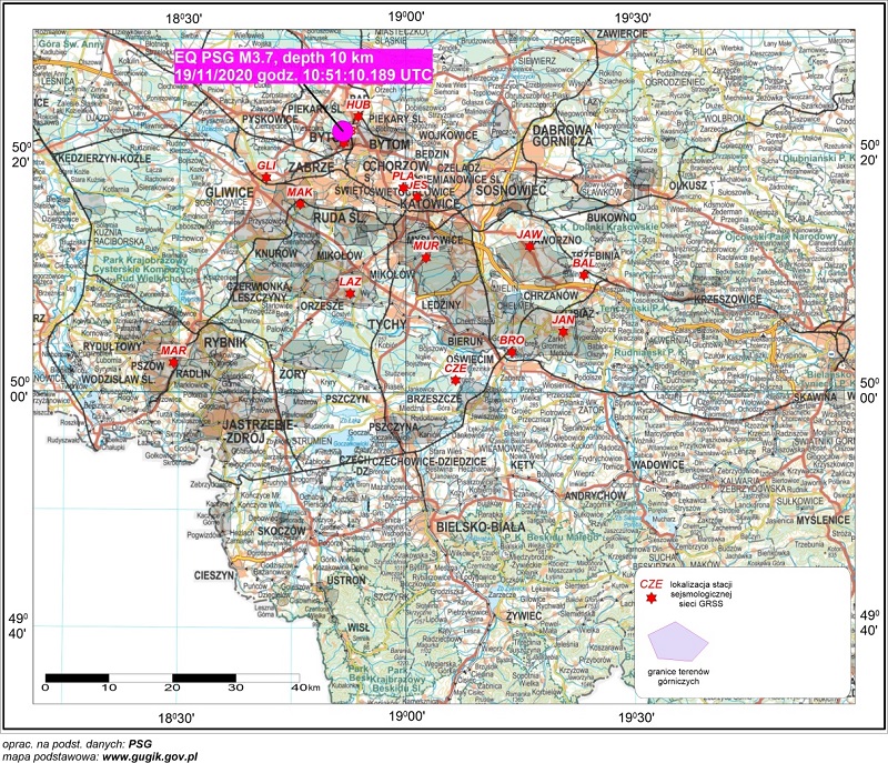 Mapa lokalizacji epicentrum zjawiska sejsmicznego z dnia 19/11/2020 r., godz. 10:51:10.189 wyznaczonej w systemie monitoringu sejsmicznego sieci PSG_Sejs_NET (państwowa służba geologiczna) oraz przez GRSS