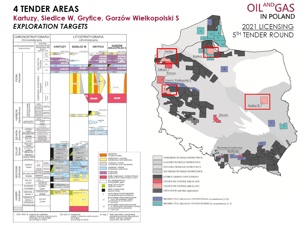 Obszary dedykowane do piątej rundy przetargów na koncesje węglowodorowe w Polsce, planowanej w 2021 r.