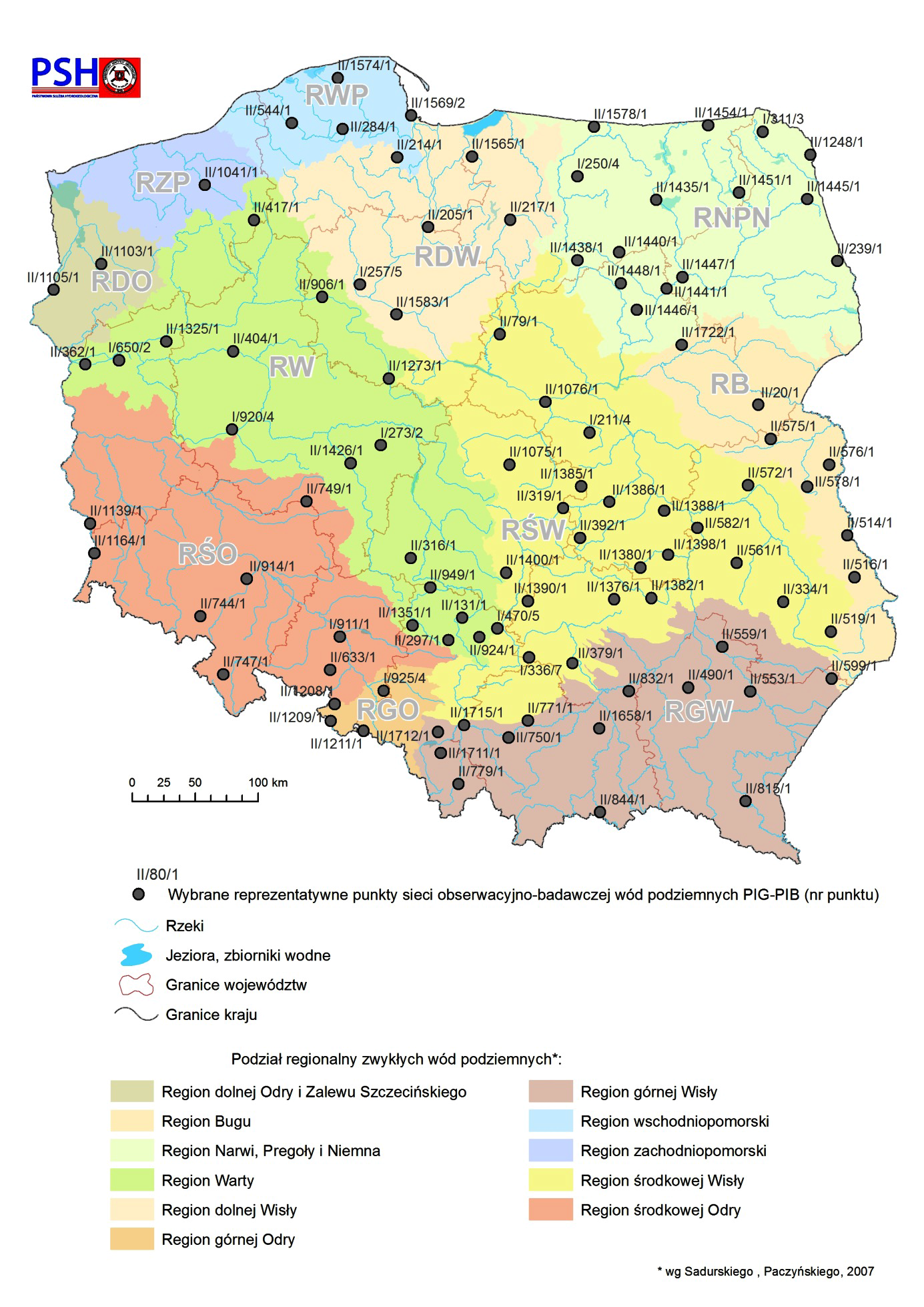 Lokalizacja punktów sieci obserwacyjno-badawczej wód podziemnych, dla których wykonano symulacje rozwoju sytuacji hydrogeologicznej