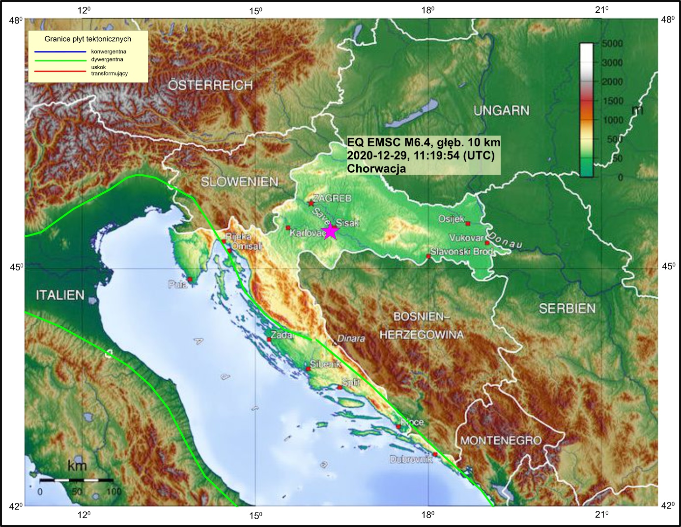 Lokalizacja epicentrum trzęsienia ziemi z dnia 29/12/2020 r., godz. 11:19:54.6 (UTC) w rejonie Petrinja – Chorwacja