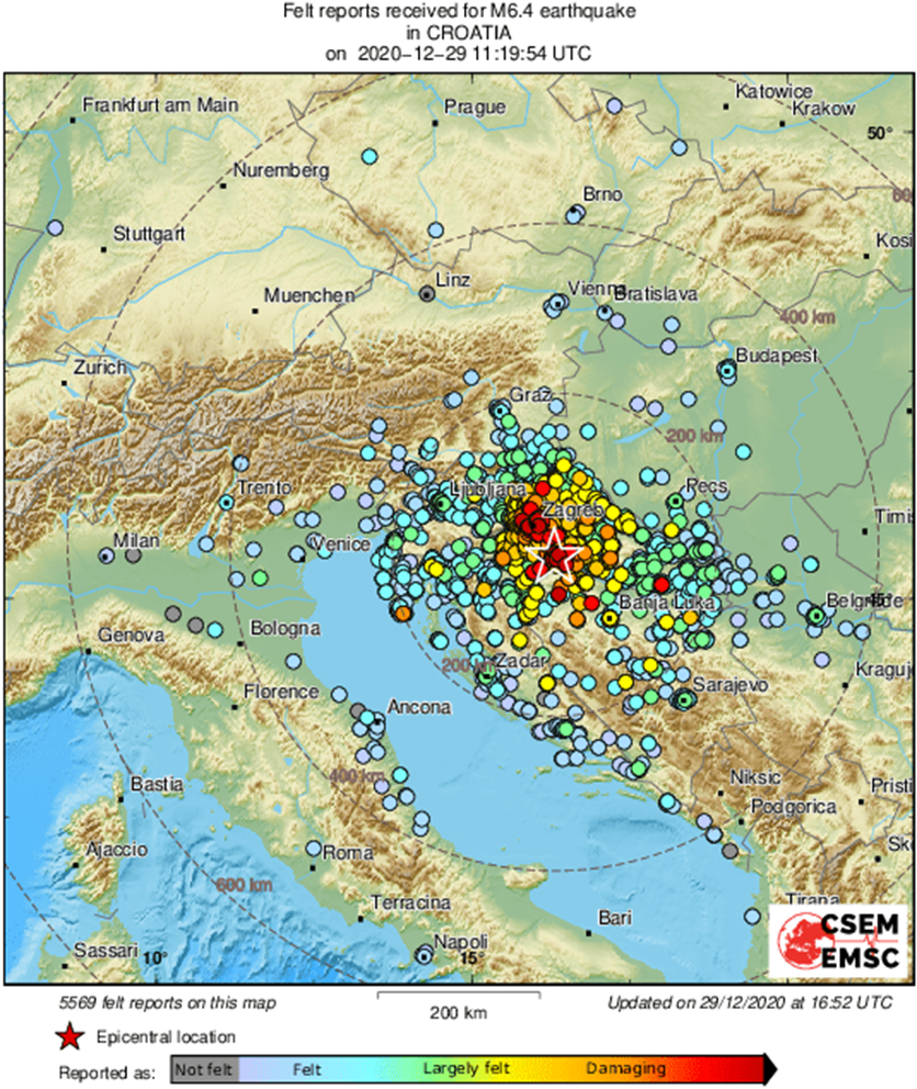 Zasięg odczuwalności wstrząsów trzęsienia ziemi o magnitudzie M6.4 z dnia 29/12/2020 r., godz. 11:19:54 (UTC) z regionu Chorwacji 