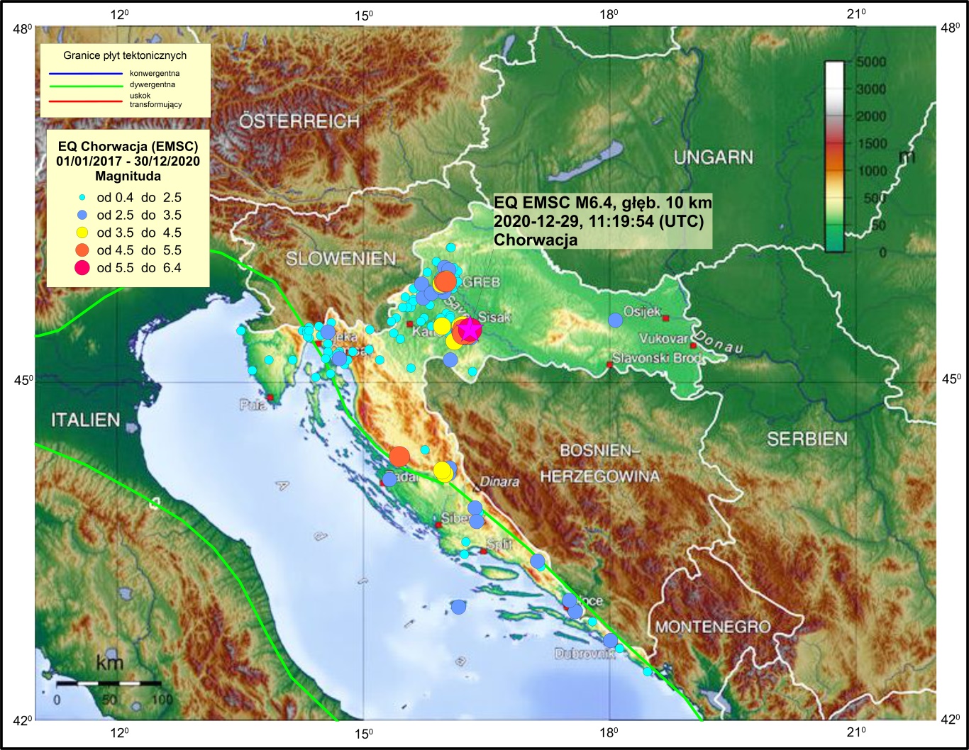 Lokalizacja epicentrów trzęsień ziemi zarejestrowanych w regionie Chorwacji w okresie od 01/01/2017 do 30/12/2020 r.