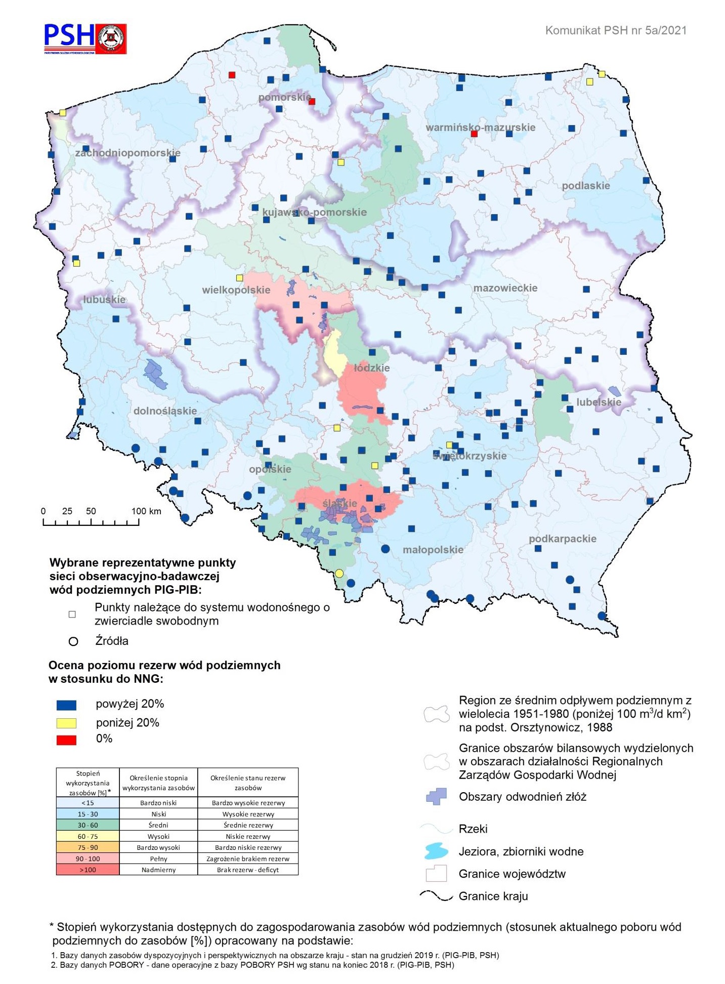 Poziom rezerw zasobów wód podziemnych w lipcu 2021 r. w objętych analizą punktach sieci obserwacyjno-badawczej wód podziemnych