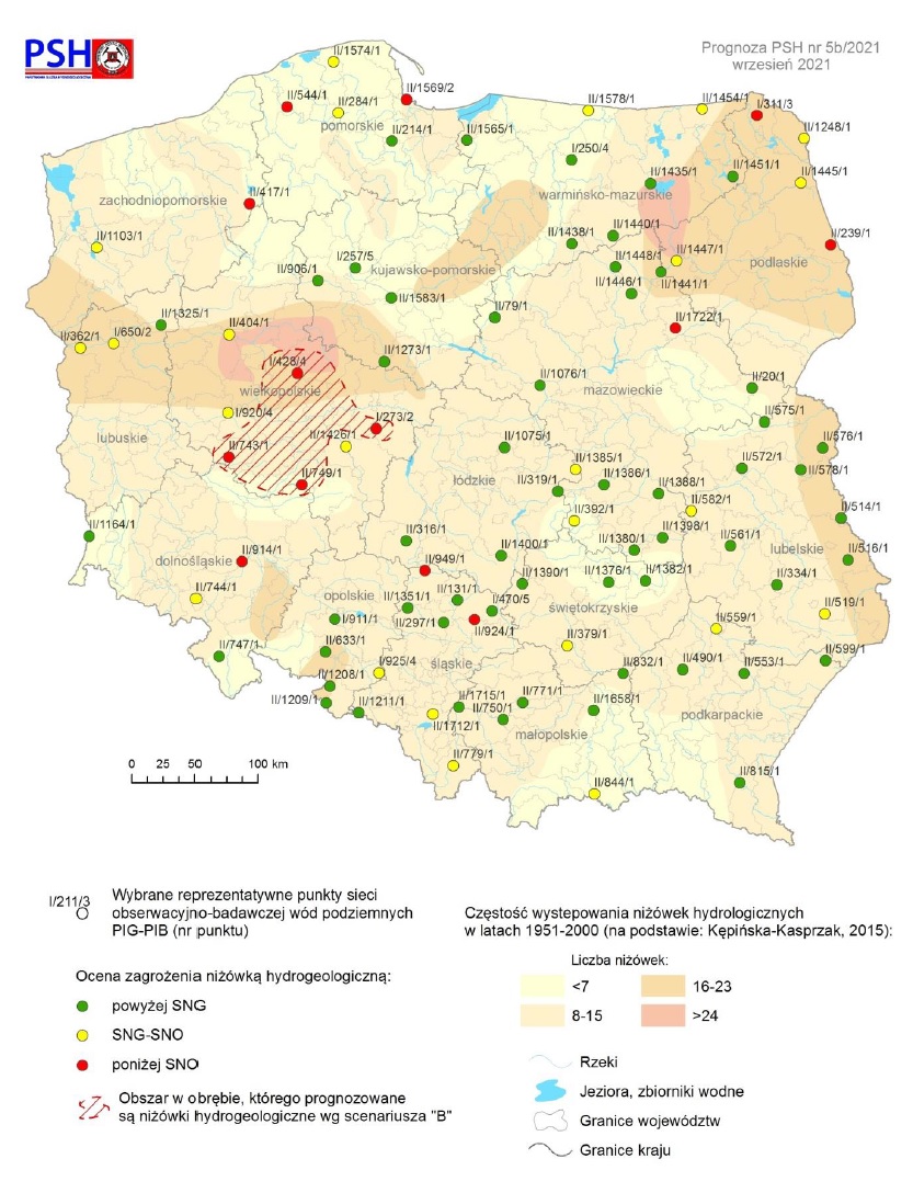 Prognoza zagrożeń wód podziemnych – występowanie niżówki hydrogeologicznej we wrześniu 2021 r. według scenariusza B (mniej korzystnego dla gospodarki wodnej)