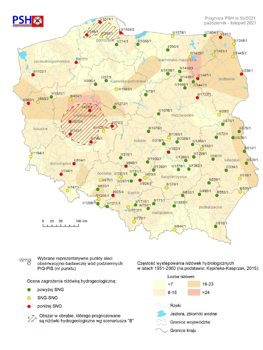 Prognoza zagrożeń wód podziemnych – występowanie niżówki hydrogeologicznej w okresie październik - listopad 2021 r. według scenariusza B (mniej korzystnego dla gospodarki wodnej)