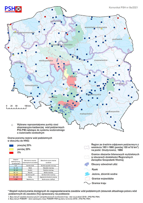 Poziom rezerw zasobów wód podziemnych w październiku 2021 r. w objętych analizą punktach sieci obserwacyjno-badawczej wód podziemnych