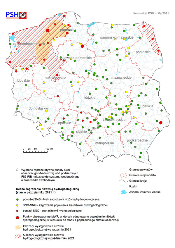 Poziom rezerw zasobów wód podziemnych w październiku 2021 r. w objętych analizą punktach sieci obserwacyjno-badawczej wód podziemnych