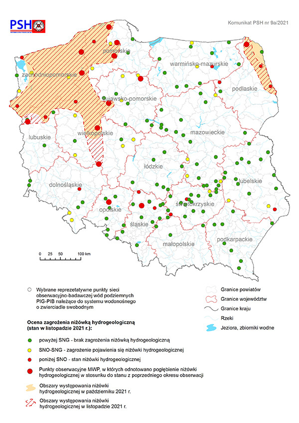 Mapa przedstawiająca ocenę zagrożenia niżówką hydrogeologiczną w listopadzie 2021 r.