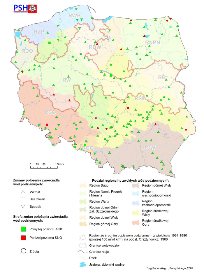 Zmiana położenia zwierciadła wody podziemnej w objętych analizą punktach sieci obserwacyjno-badawczej wód podziemnych w drugim kwartale roku hydrologicznego 2021 r.