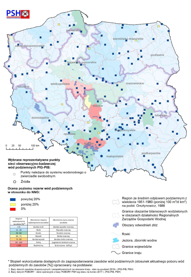 Poziom rezerw zasobów wód podziemnych w kwietniu 2021 r. w objętych analizą punktach sieci obserwacyjno-badawczej wód podziemnych