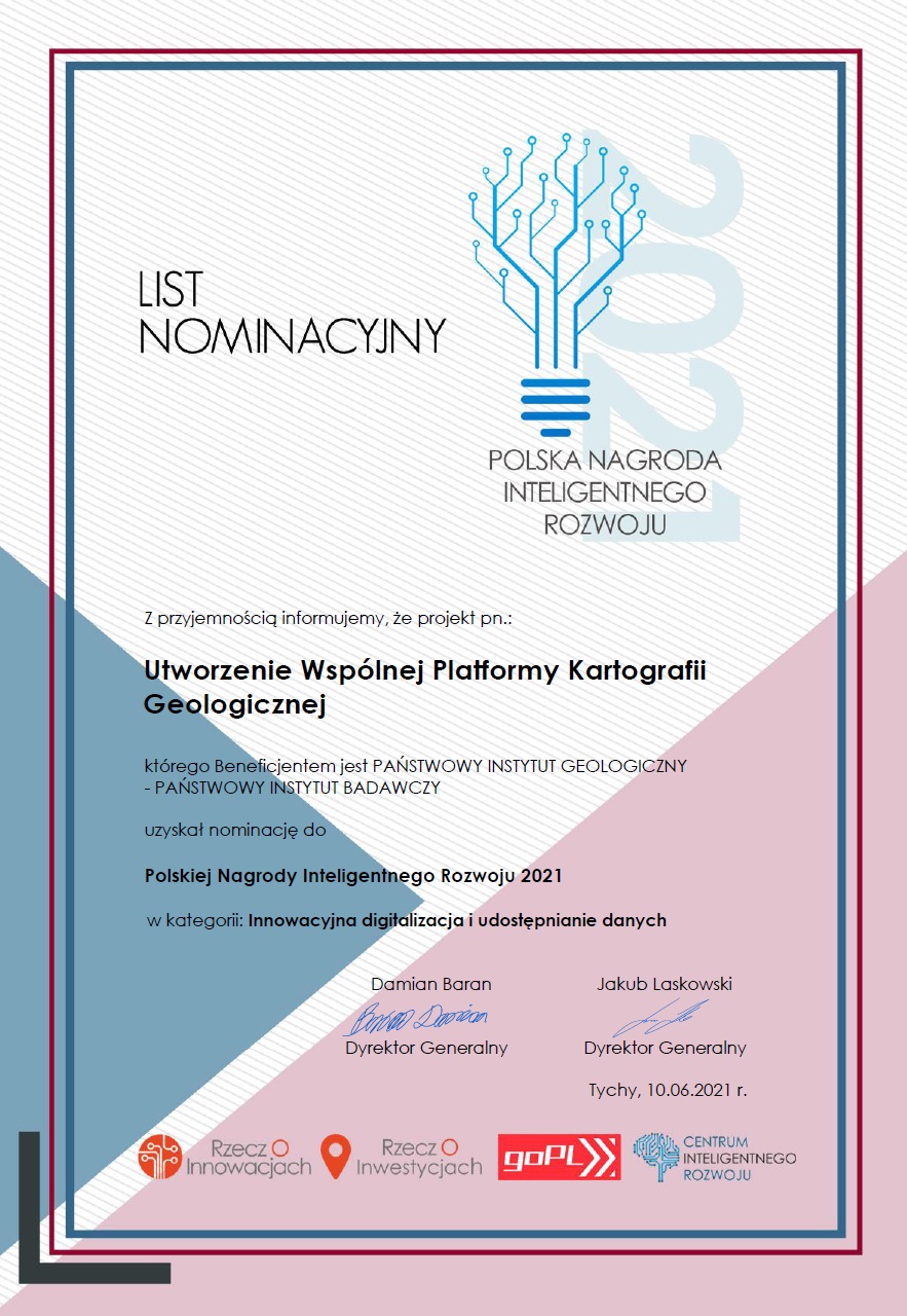 List nominacyjny do Polskiej Nagrody Inteligentnego Rozwoju dla projketu Wspólna Platforma Kartografii Geologicznej