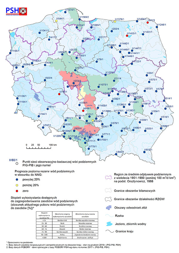 Prognoza poziomu rezerw wód podziemnych w odniesieniu do najniższego zaobserwowanego w wieloleciu położenia zwierciadła wód (NNG) na kwiecień 2021 r.