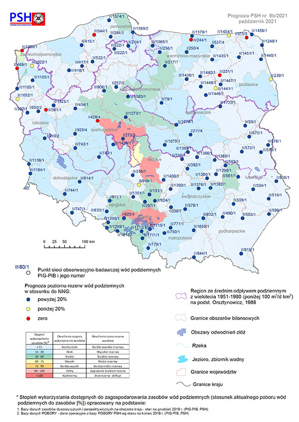 Prognoza poziomu rezerw wód podziemnych w odniesieniu do najniższego zaobserwowanego w wieloleciu położenia zwierciadła wód (NNG) na październik 2021 r. według scenariusza B