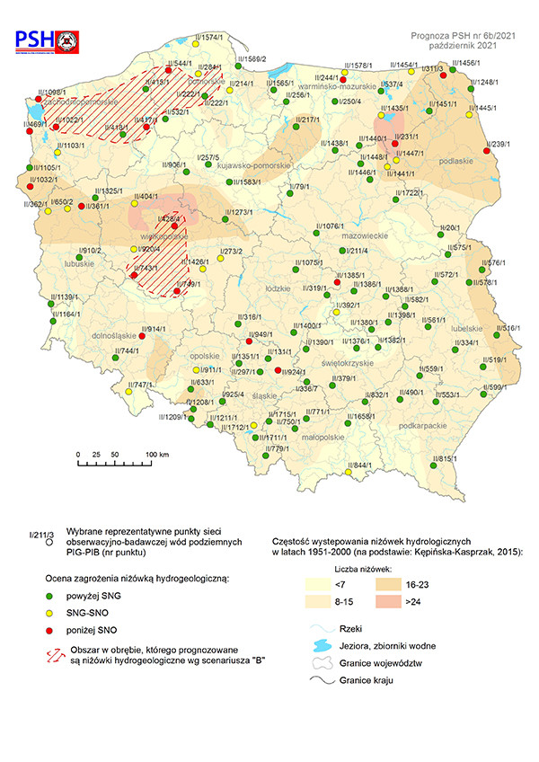 Mapa przedstawiająca prognozę zagrożeń wód podziemnych – występowanie niżówki hydrogeologicznej w październiku 2021 r. według scenariusza B