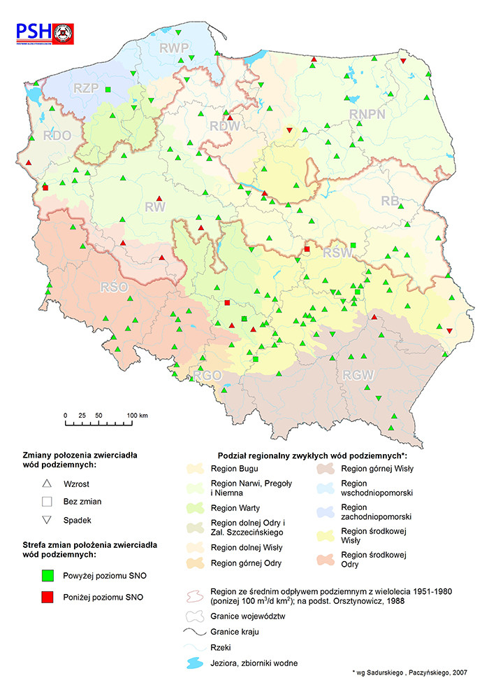 Mapa zmian zwierciadła wody podziemnej w objętych analizą punktach sieci obserwacyjno-badawczej wód podziemnych w lutym 2021 r.