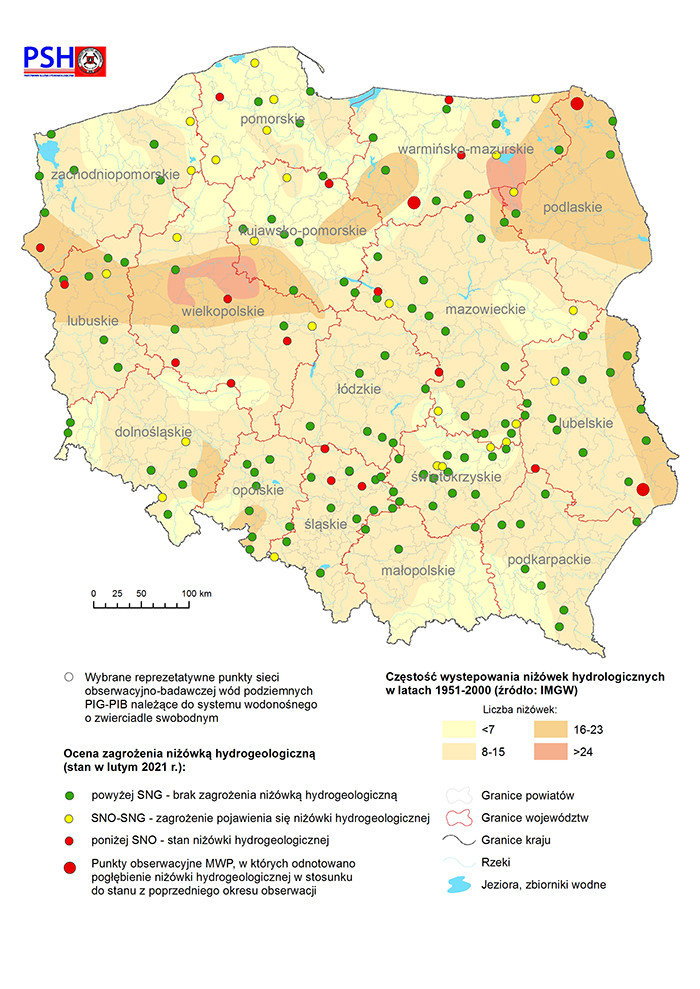 Mapa przedstawiająca zagrożenie niżówką hydrogeologiczną w lutym 2021 r.