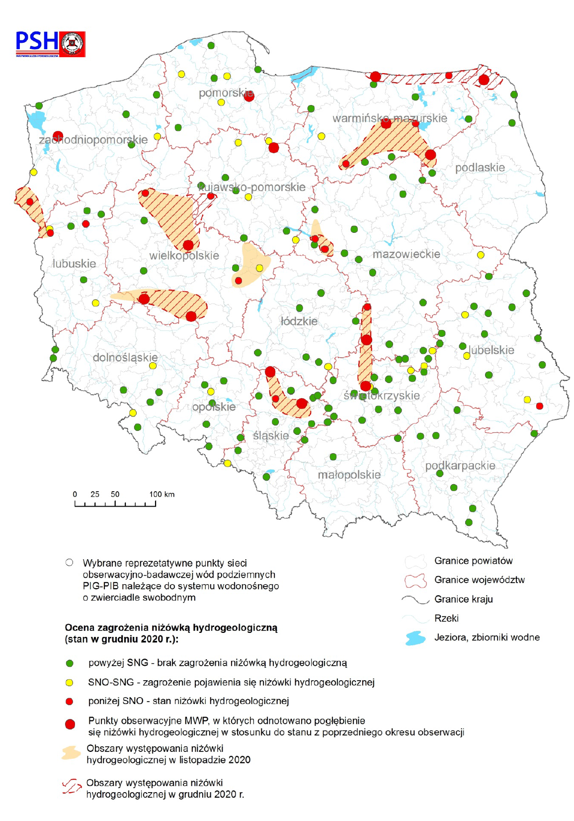 Mapa przedstawiająca zagrożenie niżówką hydrogeologiczną w grudniu 2020 r.