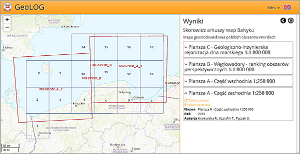 Skorowidz geologicznych arkuszowych map z obszaru Bałtyku w aplikacji GeoLOG