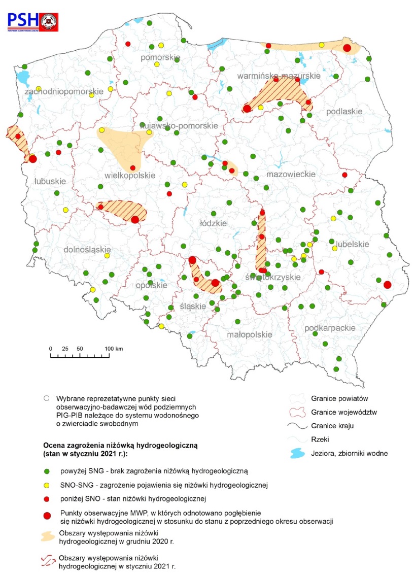 Mapa przedstawiająca zagrożenie niżówką hydrogeologiczną w styczniu 2021 r.